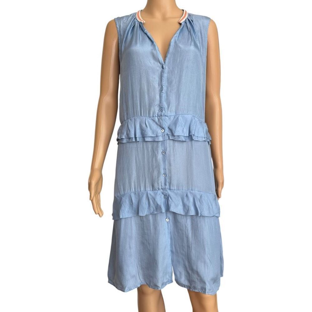 Dorothee Schumacher 100% silk satin V-neck button-down front tiered ruffles sz S